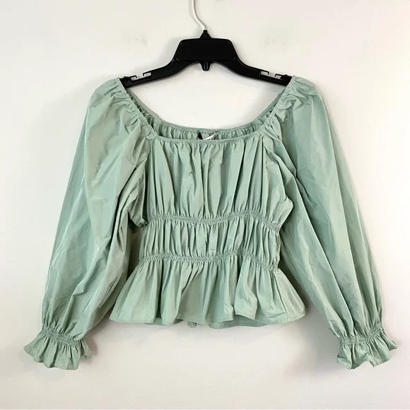 Zara Taffeta Puff Sleeve Blousee Light Green XS - Picture 4 of 9